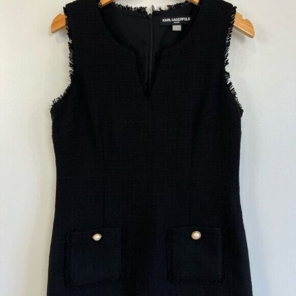 Karl Lagerfeld Midi Dress Womens 10 Black Sleeveless Tweed Office Fringed Hem - Picture 2 of 10